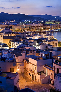 View of the illuminated harbour, Ibiza, Balearic Islands, Spain, Europe