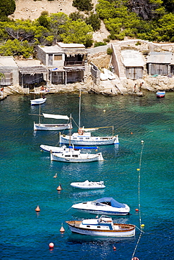 Boats in the bay of Cala Vadella, Ibiza, Balearic Islands, Spain, Europe