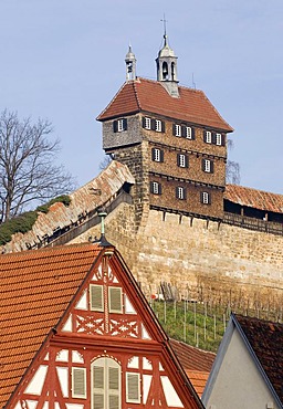 The old city wall of Esslingen with a guardhouse, Baden-Wuerttemberg, Germany