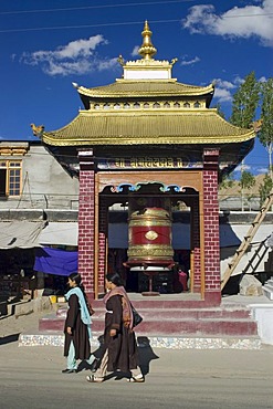 Large prayer mill in the historic center of Leh, Ladakh, Jammu and Kashmir, India