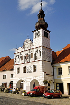 Front of the town hall of Volyne with sgraffitto art, south Bohemia, Czech Republic