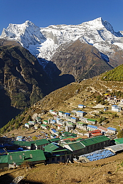 View over Namche Bazar towards Kongde Ri group (6187), Sagarmatha National Park, Khumbu, Nepal