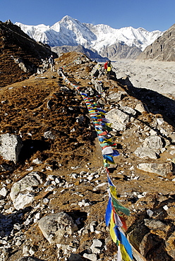 View from Gokyo over Ngozumpa glacier towards Cho Oyu (8201) and Mahalangur Himal, Sagarmatha National Park, Khumbu Himal, Nepal