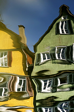 Houses reflected in the Neckar River, Tuebingen, Baden-Wuerttemberg, Germany, Europe