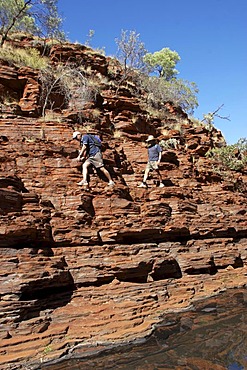 Hiking and rock climbing Hancock Gorge Karijini National Park Pilbara region western australia WA