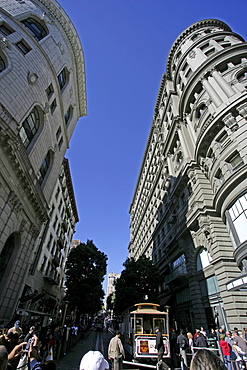 Cable car drives through the City of San Francisco California USA