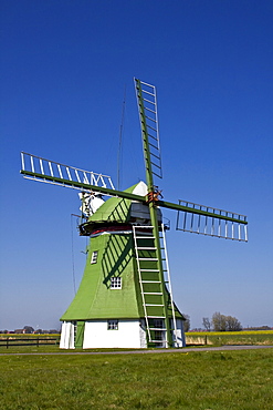 The Erdhollaender, an historic Dutch windmill with wind rose near Wittmund, East Friesland, Lower Saxony, Germany, Europe