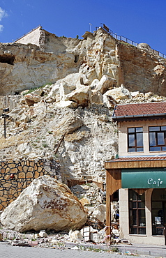 Stone-avalanche, damaged cafe, Uerguep, Cappadocia, Turkey