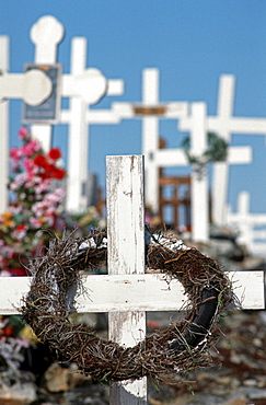 Cemetery with simple white wooden crosses, Ilulissat, Greenland