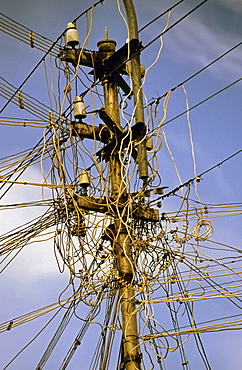 Tangled electrical and telephone cables in India, Asia