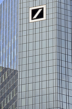 Reflective facade and logo of the Deutsche Bank AG, Frankfurt, Hesse, Germany, Europe