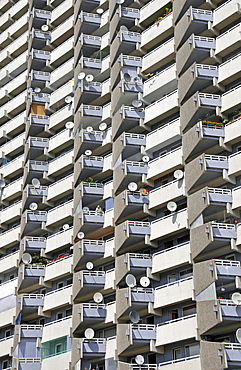 Residential building with balconies and satellite dishes, Chorweiler near Cologne, North Rhine-Westphalia, Germany, Europe