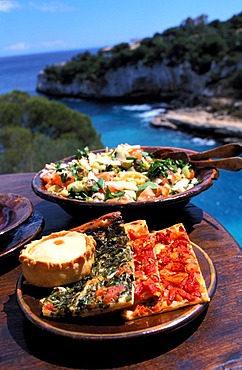 Typically majorcian dishes, Empanada , Cocas , salad , Palma de Majorca , Majorca , Balearic Islands , Spain, Europe