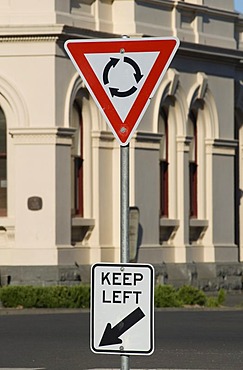 Keep left, street sign, Port Fairy, Great Ocean Road, Victoria, Australia