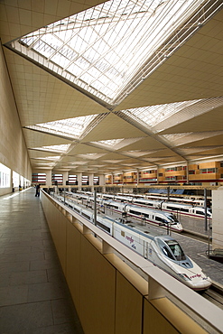 AVE high-speed train of the Spanish rail company Renfe in the Zaragoza-Delicias railway station, Zaragoza, Saragossa, Aragon, Spain