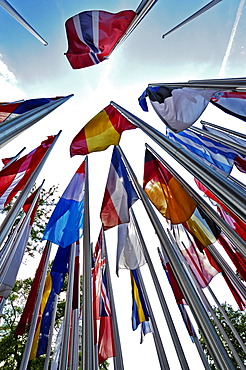 Various international flags on poles in the wind, Munich, Bavaria, Germany, Europe