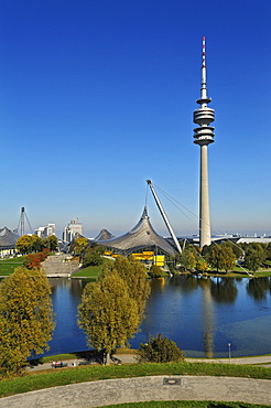 Pavilion-roof of the Olympic Hall, lake Olympiasee and the television tower, Munich, Bavaria, Germany, Europe