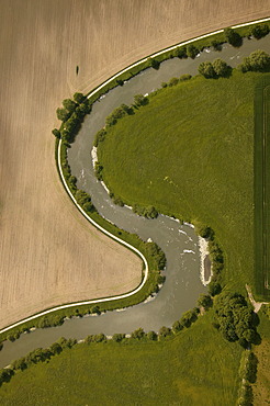 Aerial view, meandering River Lippe, embankment, field, meadow, Hamm-Werries, Ruhr Area, North Rhine-Westphalia, Germany, Europe