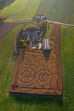 Aerial photo, corn field, corn maze, farm, Iserlohn, Maerkischer Kreis, Sauerland, North Rhine-Westphalia, Germany, Europe