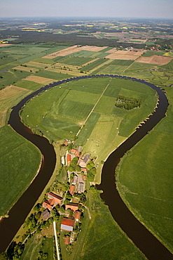 Aerial view, Aller river loop, farm, Aller, farmland, floodplain, Frankenfeld, Lower Saxony, Germany, Europe