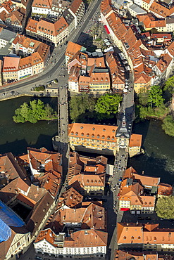 Aerial view, old town hall, Main river, bridges across the Main river, Bamberg, Upper Franconia, Bavaria, Germany, Europe