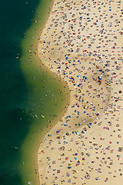 Aerial view, a sandy beach on a bathing lake, Lake Silbersee, near Haltern, Ruhr region, North Rhine-Westphalia, Germany, Europe