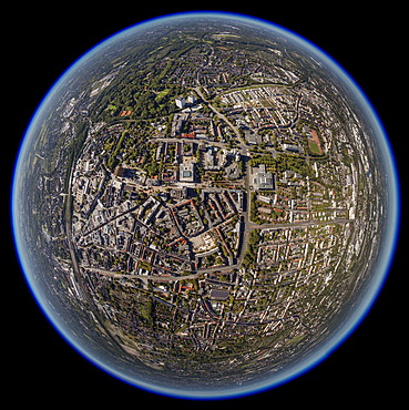 Aerial view, shot with a fisheye lens, city centre of Gelsenkirchen, Ruhr area, North Rhine-Westphalia, Germany, Europe