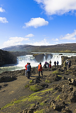 Tourists at Godafoss, waterfall of the gods, Iceland, Northern Europe, Europe