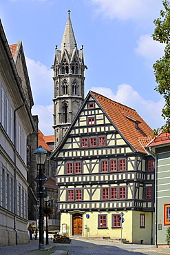 Paper mill, historic half-timbered house at the Church of Our Lady, Arnstadt, Thuringia, Germany, Europe