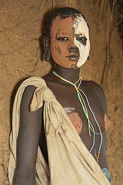 Young Surma woman with traditional body painting, Kibish, Omo valley, Ethiopia, Africa