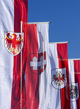 Flags for the Autonomous Province of South Tyrol, the town of Innsbruck, Tyrol and the Republic of Austria, forecourt of the "Tirol Panorama" Museum, at Bergisel, Innsbruck, Tyrol, Austria, Europe, PublicGround