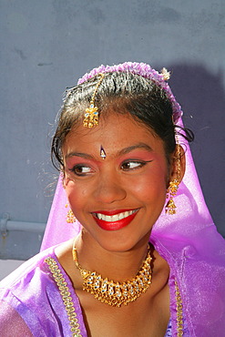 Portrait of a girl of Indian ethnicity at a Hindu Festival in Georgetown, Guyana, South America