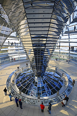 Interior with the mirrored central column of the dome of the Reichstag building, architect Sir Norman Foster, Berlin, Germany, Europe