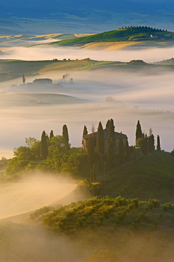 The Belvedere at dawn, morning fog, Val d'Orcia, Orcia Valley, UNESCO World Heritage Site, Siena Province, Tuscany, Italy, Europe