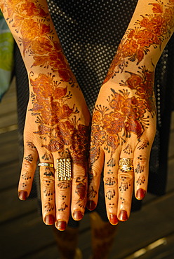 Hands painted with henna after a wedding ceremony, Grand Comore, Comoros, Africa