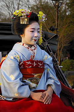 A Maiko, a trainee Geisha, sitting in a rickshaw, Kyoto, Japan, Asia