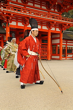 Archers at shooting ritual, archery ceremonial in Shimogamo Shrine, Kyoto, Japan, Asia