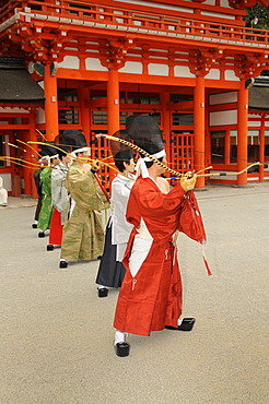 Archers at shooting ritual, archery ceremonial in Shimogamo Shrine, Kyoto, Japan, Asia