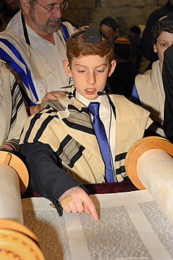 Bar Mitzvah, Jewish coming of age ritual, public reading from the Books of the Prophets, Haftarah, underground part of the Western Wall or Wailing Wall, Old City of Jerusalem, Arab Quarter, Israel, Middle East