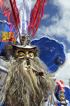 Mask at the largest Indio carnival in the world, Diablada, Dance of the Devils, living UNESCO World Heritage Site, Oruro, Bolivia, South America