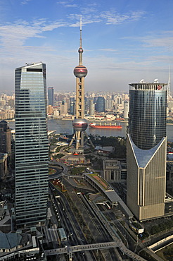 View of the skyline with the Oriental Pearl Tower as seen from the Grand Hyatt Hotel, Pudong, Shanghai, China, Asia