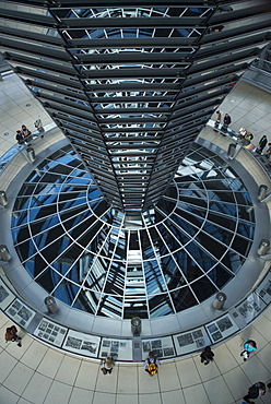 Interior shot of the glass dome of the Reichstag Building, daylight connection from roof to the lower plenary hall, Berlin, Germany, Europe