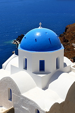 Blue domed Byzantine Orthodox church, Oia, Ia, Santorini, Cyclades Islands, Greece, Europe