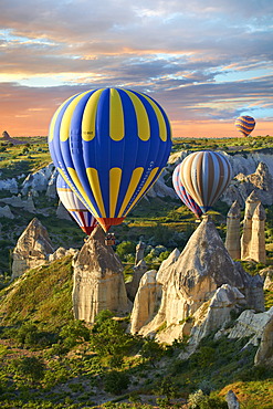 Hot air balloons over the Love Valley at sunrise, Cappadocia, Turkey