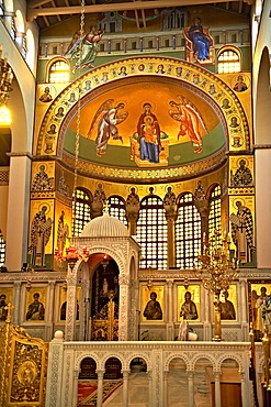 Reconstructed Byzantine style frescos of the 4th century AD, 3-aisled Romanesque basilica of Saint Demetrius, or Hagios Demetrios,             a Palaeochristian and Byzantine Monument of Thessaloniki, UNESCO World Heritage Site, Greece, Europe