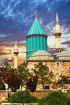 MevlâˆšÂ¢na museum, with the blue domed mausoleum of Jalal ad-Din Muhammad Rumi, a Sufi mystic also known as MevlâˆšÂ¢na or Rumi, Konya, Turkey