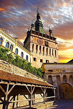 Medieval clock tower and gate of Sighisoara, Saxon fortified medieval citadel, Transylvania, Romania, Europe