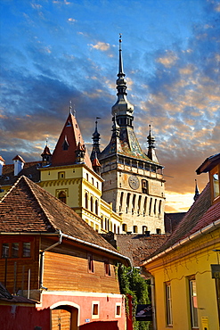 Medieval clock tower and gate of Sighisoara, Saxon fortified medieval citadel, Transylvania, Romania, Europe