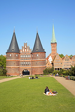 Holsten Gate, St. Peter's Church and Salzspeicher salt storehouses, Luebeck, Schleswig-Holstein, Germany, Europe