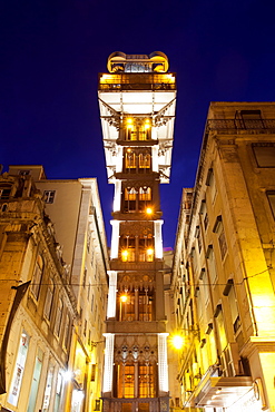 Elevador de Santa Justa, Santa Justa Elevator, at night, connecting the two historic districts of Baixa and Chiado, Lisbon, Portugal, Europe